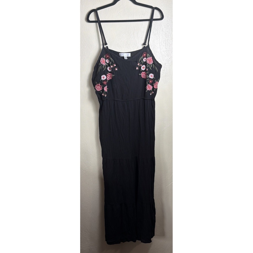 Black Floral Embroidered Maxi Dress Sleeveless Ankle Length XL Boho Vacation